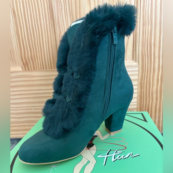 Forest Green Lulu Hun Collectif Tatiana Fur Trimmed Ankle Boot Booties Retro 37 - Picture 2 of 7